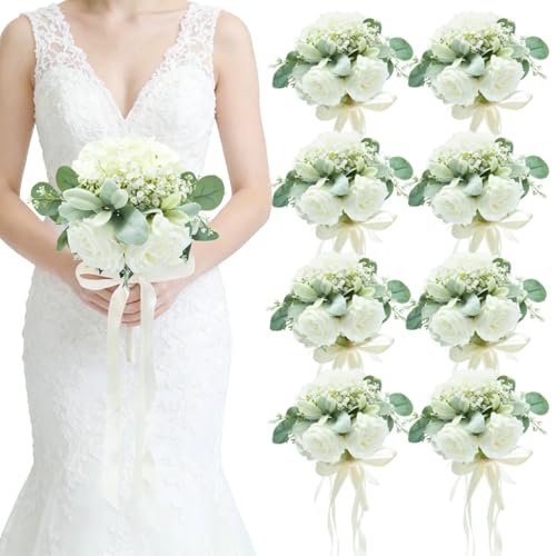Artificial Bridesmaid Bouquets Set of 8 - Ivory White 9 Inch Various Flower Bouquet for Wedding Party Ceremony Anniversary Dinning Table Centerpieces Decor Faux (Rose & Hydrangea & Ribbon) - color: Rose & Hydrangea