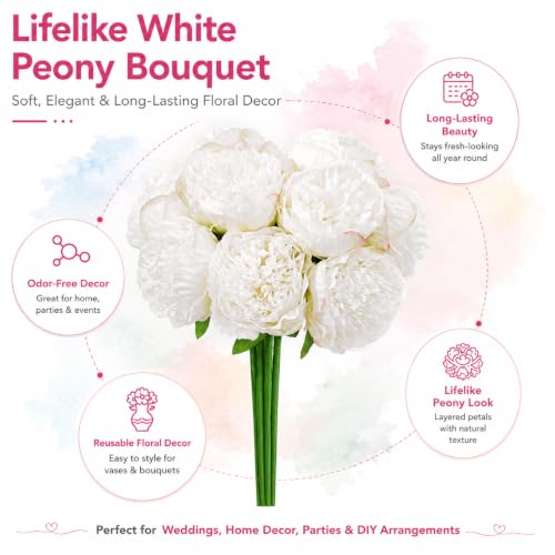 10PCS White Realistic Silk Peonies Bouquet, Waterproof & UV Resistant Faux Peony Flowers, All-Weather Artificial Stems for Outdoor, Grave, Wedding Centerpiece & Home Decor - color: White