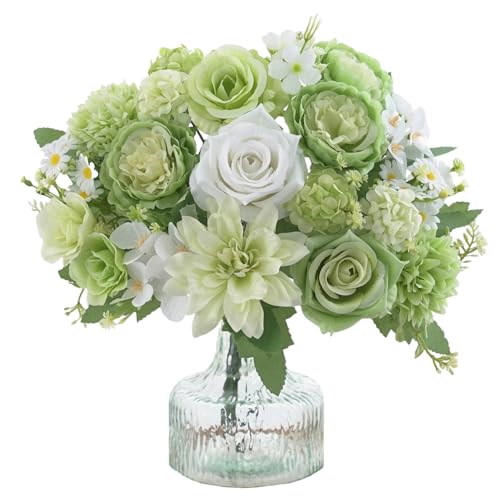 4 Pcs Mixed Artificial Flowers Set, Small Artificial Peony Bouquet Fake Rose Flower Silk Floral Arrangements for Table Centerpiece Home Wedding Party Bridal Decoration(Green, 2 Bouquets & 2 Stems) - color: Green, size: Mixed 4pcs