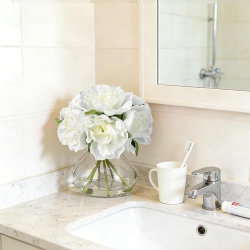 White Peony Bouquet in Glass Vase - 6 Piece Artificial Flower Arrangement with Faux Water for Wedding & Home Centerpieces - color: Peony Flowers, size: White