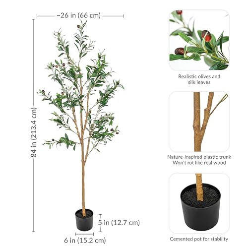 Sunnydaze Fake Olive Tree - 7ft Tall Faux Olive Tree with Pot - Indoor Artificial Plant with Black Weighted Base and Silk Leaves - Set of 2 - size: 7 ft