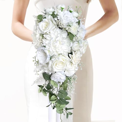 10 Inch White Rose Bouquets for Bride Spring Wedding Cascading Bridal Bouquet Ivory White Sage Green Artificial Silk Flower Winter Boho Rustic Ceremony Anniversary Decor Toss Bouquet - color: White Rose