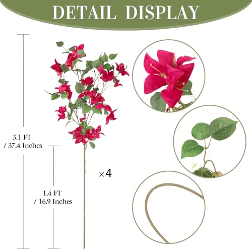 4PCS Hot Pink Artificial Bougainvillea 37.4" Silk Fake Bougainvillea Branches Faux Bougainvillea Outdoor for Home Garden Wedding Party Floral Arrangement Decor(Hot Pink) - color: Hot Pink
