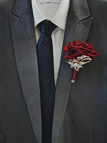 YIFUwedding Bride Water Drop Wine Red Bouquet Navy Blue Luxury Jewelry Proposal Bridesmaid Groom Corsage Wrist Flower Wedding Decoration (Wine Red Groom Corsage) - color: Wine Red Groom Corsage