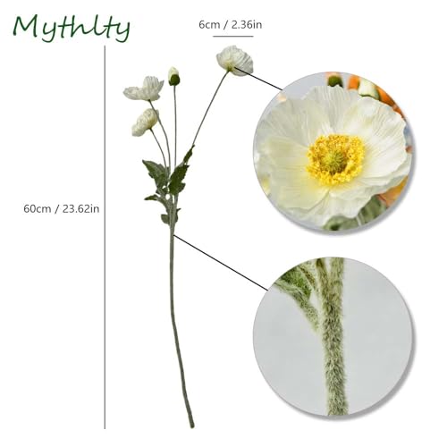 Set of 6 White Poppies Flowers Artificial for Vase, Faux Wildflowers with Long Stems, Silk Flowers Arrangement for Wedding Party Farmhouse Home Office Indoor Kitchen Dining Table Decoration - color: White