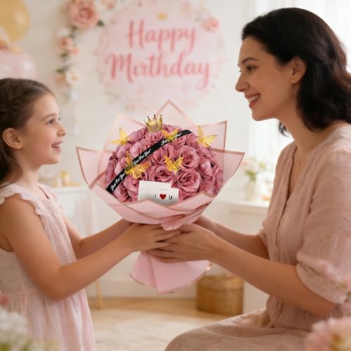Pink Mothers Day Glitter Flower Bouquet for Mom,Fake Roses, 36 Pcs DIY Artificial Glitter Rose Bouquet, Eternal Flowers Gifts for Girlfriend, Valentines, Birthday, Anniversary, Photo Props - color: Fba-pink