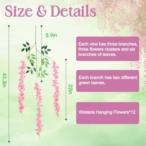 36 Pack Wisteria Hanging Flowers, Fake Hanging Flowers, 3.61 Ft Artificial Flower Vines Strings, Silk Wisteria Flowers for Home Wedding Arch Backdrop Outdoor Party Garden Yard Decor (Pink) - color: Pink, size: 36 Pack