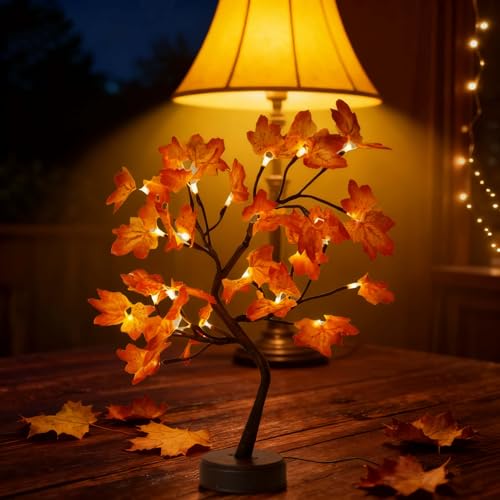 Lighted Artificial Fall Maple Trees with Lights, USB/Battery Autumn Decor Fall Decorations for Home，Thanksgiving Decorations Fall Home Decor - style: maple