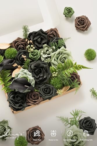 Ling's moment Fake Flowers Box, Faux Artificial Greenery Stems Foam Roses Gardenia Silk Lily Fabic Flower for Centerpieces Bouquet Wedding Vase Floral Decorations, Emerald & Gold, Grand Combo - color: Grn-emerald & Gold, size: Grand