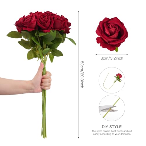 12 Pcs Red Roses Artificial Flowers with Long Stem, Faux Silk Rose Bouquet Realistic Lifelike Fake Floral Bundles Halloween Valentine's Day Wedding Party Table Centerpiece Decor, Small - color: Red, size: Small