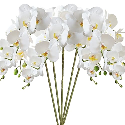HinyoCo 5 Pcs Artificial Orchid Flowers,Artificial Phalaenopsis Flowers 32 Inch Stem Plants for Home Wedding Decoration (White) - color: White