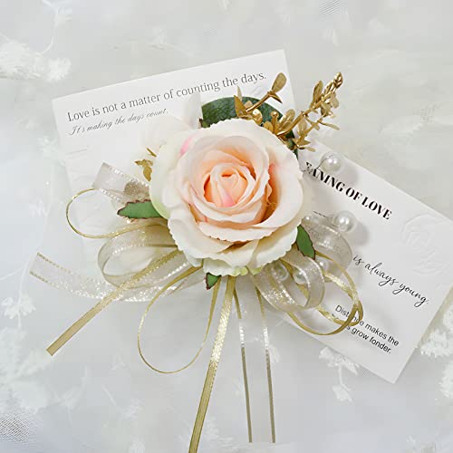 Boutonniere for Wedding Groom 2pcs Satin Rose Groomsmen Best Man Father Suit Lapel Flower Button Hole Artificial Flower With Gold Ornament for Prom Homecoming, Tea Party, Formal Dinner, Pink - color: Pink Boutonniere