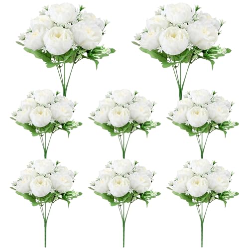 8 Pack White Peonies Artificial Flowers, Fake Silk Hydrangea Bouquet for Bridal Wedding Home Table Decor Reusable Dining Opening Ceremony Birthday Arrangement Faux Floral - color: White