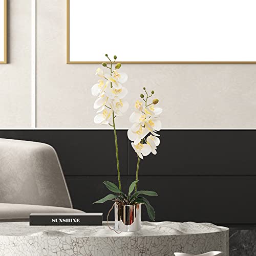 Artificial Orchid Flowers White Faux Orchids with Ceramic Vase Vivid Fake Phalaenopsis Flower Arrangement Gorgeous Artificial Plants for Office Desk Wedding Party Exhibition Center & Home Table Decor - color: White-silver