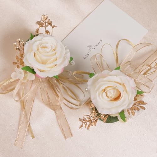 Alizeal 2Pcs of Wrist Corsage and Boutonniere Set, Artificial Flowers Accessories Suit Decor for Wedding Prom Party Homecoming Ceremony, White+Champagne - color: 701-white+champagne