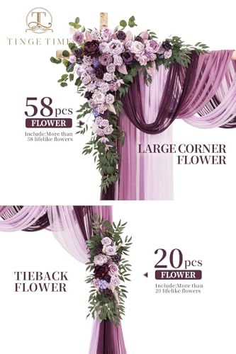 TINGE TIME Wedding Arch Flowers Kit - Deluxe 5pcs Artificial Floral Swag with 3 Sheer Drapes, Realistic Silk Flower Arrangements for Wedding Ceremony Arbor Backdrop Reception Party Home Decor - color: Lavender & Plum