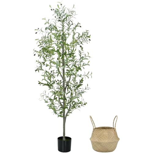 Faux Olive Tree 6FT Silk Plant Artificial Indoor, 6 FT Fake Potted Olive with Wicker Basket Planter, Tall Artificial Olive Trees with Natural Wood Trunk & Fruits for Home Office, 6 Feet (72") - color: Olive Green (Basket), size: 6ft