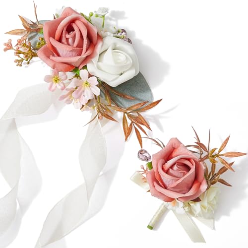 Alecono Dusty Pink Corsage and Boutonniere Set, Corsages for Bride Bridesmaid Groom Bridegroom, Artificial Flowers for Prom Graduation Ceremony Anniversary - color: Dusty Pink, size: Corsage and Boutonniere Set