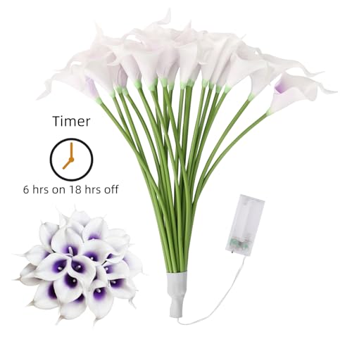 LED Lighted Artificial Flowers Calla Lily Bouquet Lamp 20 stems Real Touch Calla Faux Flower Lights for Valentine's Day Gift and Easter Home Kitchen Wedding Dining Table Decor(Whitepurple, No Vase) - color: Whitepurple