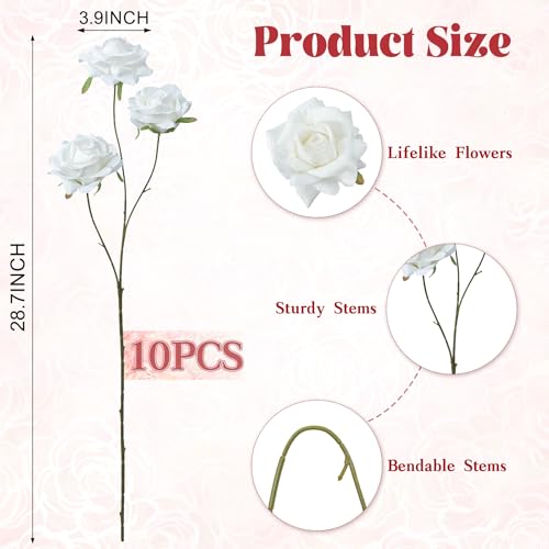 INXUGAO Artificial Flowers Fake Roses, 10 Pcs 28" Long Stem Silk White Roses for Outdoor Indoor, Realistic Faux Flowers for Tall Planter Vase Porch Patio Decor - color: Rose-white 10 Pcs