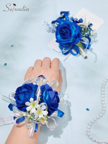 Serwalin Blue Prom Corsage and Boutonniere Set, Artificial Calla Lily & Rose Wrist Corsage Wristlet for Wedding, Homecoming, Formal Dance, Party Flowers Accessories Suit Decorations - color: Royal Blue