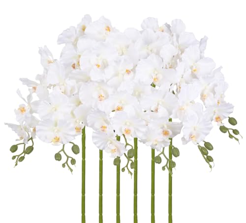 White Orchid Artificial Flowers,6PCS Artificial Phalaenopsis Flowers 38" Fake Orchid Stems for Wedding Party Office Home Décor(White) - color: White