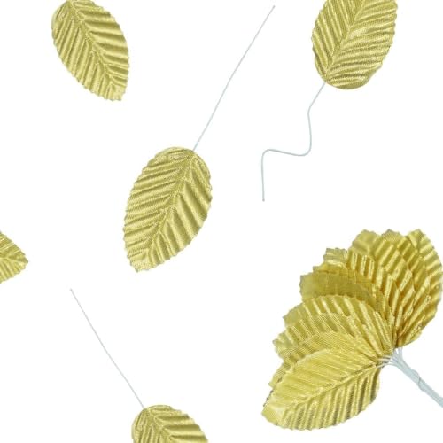 50Pcs Artificial Silk Leaf, Fabric Floral Fake Wire Crafts Leaves Faux Flowers for DIY Wedding Corsage Party Home Decoration Banquet and Christmas Hawaiian (Gold) - color: Gold