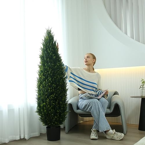 5.2FT (63") Artificial Cedar Outdoor Artificial Shrub UV Resistant Foliage Potted Home Office Various Interior Porch Plants Artificial Outdoor Trimmed Topiary Trees