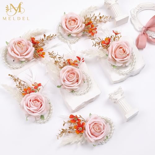 Pink Velvet Rose Wrist Corsage, Set of 6, Wedding Bridal Flower Corsage Hand Decor for Prom Party Homecoming, Wristband Flowers Bride, Bridesmaid, Girl,Mother of The Bride Corsage - color: 6pcs Pink Wrist Corsages