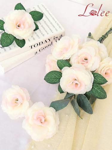 LELEE Rose Head Flowers with Stem, 108pcs Champagne Rose Artificial Flowers Bulk, Silk Rose Fake Flower for Wedding Bouquet Party Home Decor DIY Baby Shower Centerpieces Tables Decoration - color: Champagne