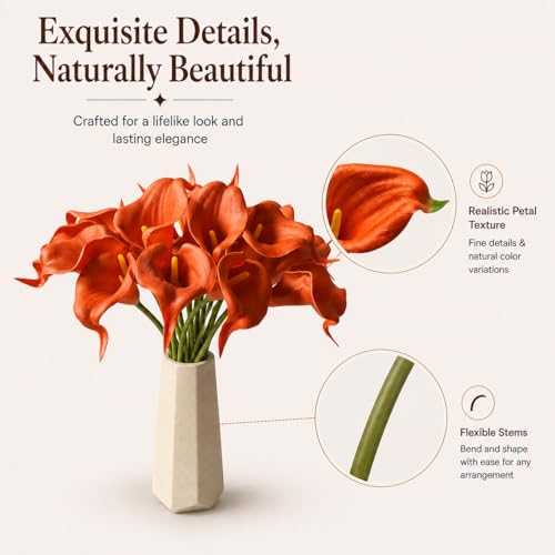 Mandy's 20pcs Burnt Orange Calla Lily Artificial Flowers | 13.5 Inch PU Realistic Bouquet for Vase Elegant Home Decor Centerpiece Wedding Bridal Bouquet Table Decoration - color: Burnt Orange