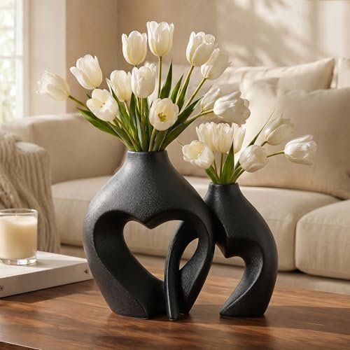 Black Ceramic Flower Vases Home Decor Heart Shaped Vase Set of 2 | Nordic Heart Shaped Vases Minimalist Decorative Vase for Table Centerpiece Wedding Dining Living Room Office House Decoration - color: Black