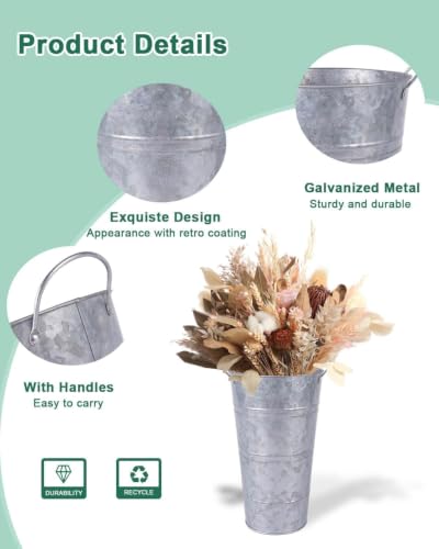 12 Inch Galvanized Metal Vases for Flowers - 6 Pcs Farmhouse Decorative Tall Flower Bucket with Handles, Rustic French Tin Planter Buckets for Wedding Decor (Silver) - color: Silver