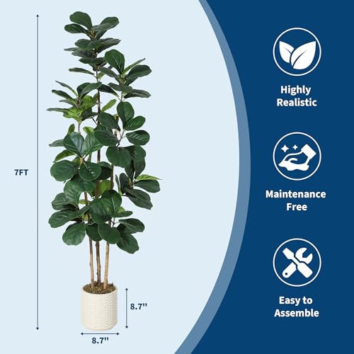 GarveeHome 7FT Artificial Fiddle Leaf Fig Tree – Potted in Decorative White Planter, Natural Large Fake Plant for Home Décor, Indoor House Plant for Living Room, Bedroom, Office - color: Green 7ft