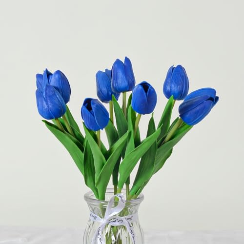 Artificial Flowers Tulips Fake Flowers Real Touch Latex Tulips Faux Flowers Bouquet for Wedding Party Arrangements Home Decor and Baby Shower Centerpieces (10, Blue) - color: Blue
