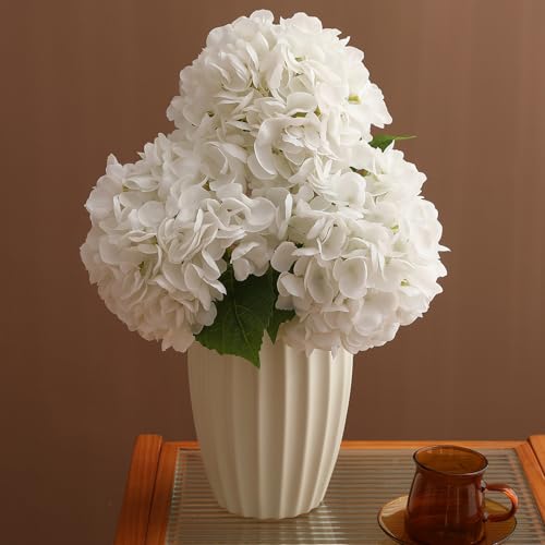 Nubry 3Pcs White Hydrangea Artificial Flowers, 22.5In Latex Faux Real Touch Large Hydrangea Flowers with Long Stems & Leaves for Home Office Decor Wedding Party Arrangements(White) - color: White, size: 3 Pcs