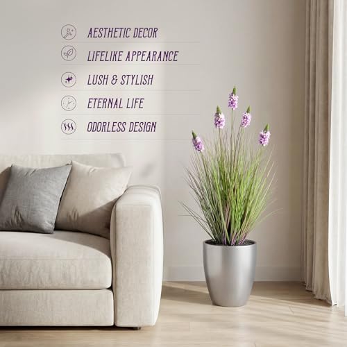 Artificial Plants Indoor Tall Grass Plants with Lilac Flower 35.4In Tall Artificial Ornamental Grass Green Onions Outdoor Fake Plants with Black Pot Home Office Decorative (1 Pack,Purple) - color: 0.9m Purple1