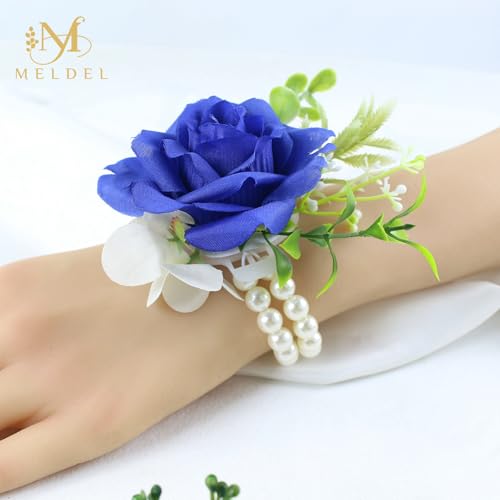 Navy Blue Boutonniere and Wrist Corsage for Dance Party, Wedding | Pearls Wristlet Corsage for Bride Bridesmaids, Boutonniere for Groom Best Man Wedding Flower Accessories Prom Ceremony Party - color: Royal Blue 1 Boutonniere&1 Wrist Corsage