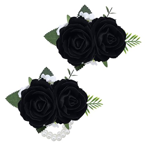 2Pcs Black Artificial Rose Wrist Corsage Wristlet Band and Boutonniere Set, for Wedding Bride Bridesmaids Men Groom Groomsmen Flowers Accessories Prom Party Suit Decor - color: Black