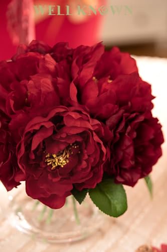WELL KNOWN Peony Artificial Flowers in Vase, Burgundy Red Silk Flower Arrangement with Vase with Faux Water for Spring Home Table Centerpieces Wedding Birthday Party Decor & Mom's Birthday Gift - color: Burgundy Red