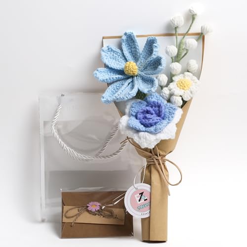 Crochet Flower Bouquet, Handmade Knitted Tulip Faux Crochet Flowers for Home Decor Valentine’s Day Anniversary Weddings Birthdays Mother’s Day, Includes Gift Bag and Greeting Card(Mini Blue) - color: Mini Blue