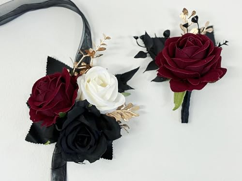 Wedding Flower Set with Rose Corsage and Boutonniere for Men (Black & Burgundy) - color: Black & Burgundy