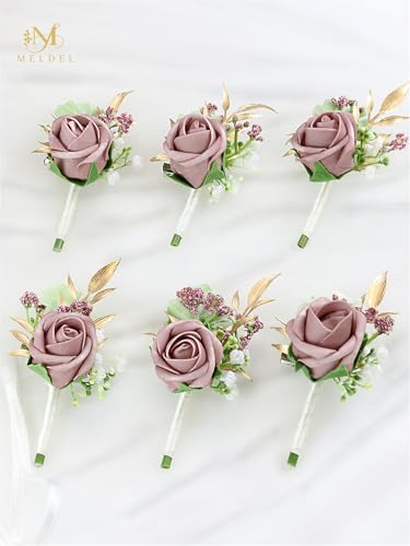 Dusty Pink Faux Foam Rose Boutonnieres for Men Wedding Prom 6Pcs | Artificial Foam Rose Boutonnieres for Wedding Prom Groom Groomsman Homecoming Ceremony Anniversary Party - color: 6pcs Pink Boutonniere