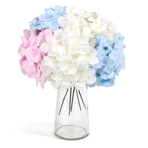 Auihiay 64Pcs Hydrangea Artificial Flowers Bulk, Faux Hydrangea Flowers Heads with Stems for Engagement Baby Shower Wedding Arch Birthday Anniversary Bridal Shower(Mixed Color) - color: White, Blue & Pink