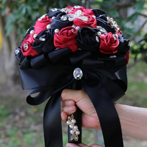 Bridal Wedding Bouquet Handmade with Luxury Gold Brooch Rhinestone Pearl for Bride Bridesmaid Quinceanera Satin Rose Flower Bouquet Wedding Burgundy and Black 8.7in - color: Burgundy & Black, size: Large (DIA. 8.7"/22cm)