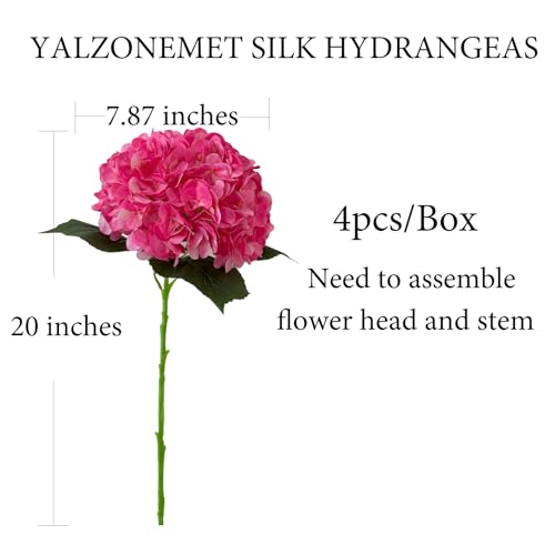 YalzoneMet 4Pcs Magenta Silk Hydrangea Artificial Flower Rose Red Lifelike Big Blooms 20'' Long Stem Faux Hydrangea Flower Bouquets for Home Party Indoor Outdoor Wedding Table Centerpiece Decor - color: Magenta