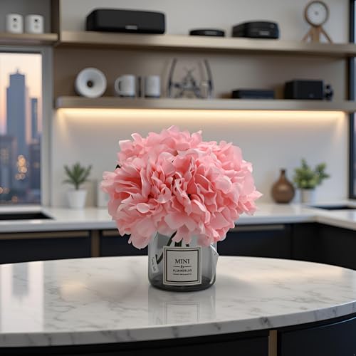 Artificial Pink Peony Flowers in Vase,Wedding Table Centerpiece Home Decor | Realistic Silk Faux Peonies with Small Glass Vase, Fake Flower Table Centerpiece for Bedroom Cafe Wedding Indoor Decoration - color: Pink Peony