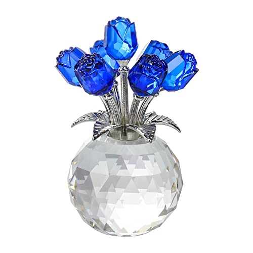 Blue Rose Flower Crystal Figurine with Vase, Bouquet Flowers Ornament Gifts for Wife Girlfriend Women , Handmade Crystal Flower Collectible Home Table Decor for Valentine's Day Wedding Anniversary - color: Blue-crystal Rose