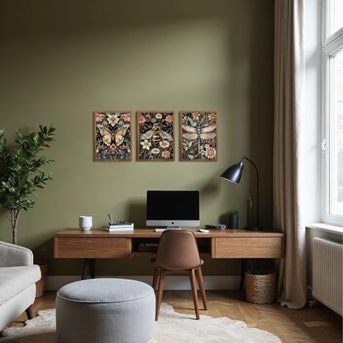 Retro Insect Wall Art Set of 3, Butterfly Bee Dragonfly Gothic Botanical Prints, Rustic Nature Animal Canvas Wall Decor for Living Room Bedroom Office Farmhouse Home Decor 24x16In Wood Framed - color: Colorful insects, size: 24L" x 16W"