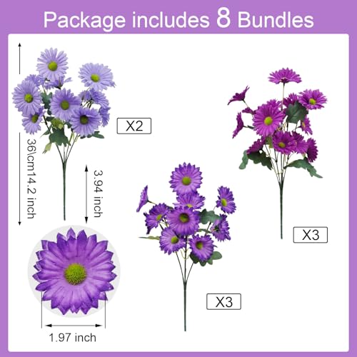 8 Bundles Artificial Silk Gerbera Daisy Flowers Fake Outdoor Bouquet Realistic Bulk Bouquet UV Resistant for Garden Front Porch Pots Home Indoor Table Vase Decoration (Purple+Blue) - color: Purple+blue